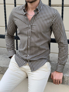 Bojoni Montebello Slim Fit High Quality Striped Khaki Cotton Shirt