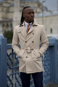 Bojoni Astoria Slim Fit Beige Feather Detailed Winter Coat