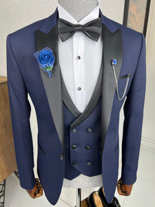 Luxe Slim Fit Patterned Navy Blue Dovetail Collared Tuxedo