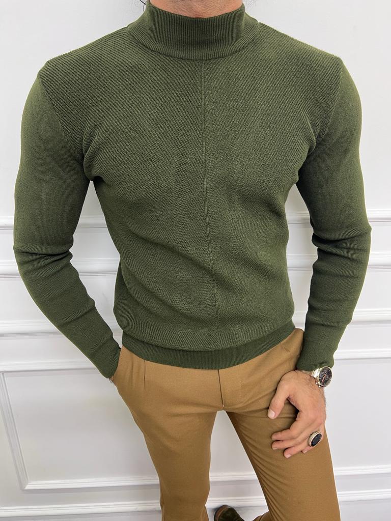 Leon Slim Fit Half Turtleneck Khaki Sweater