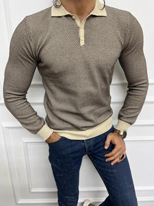 Leon Slim Fit Beige Polo Collared Knit Sweater