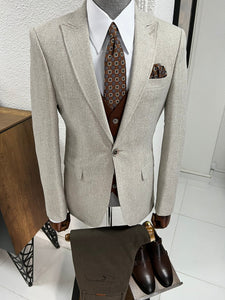 Louis Slim Fit Pointed Collared Beige Combination Suit