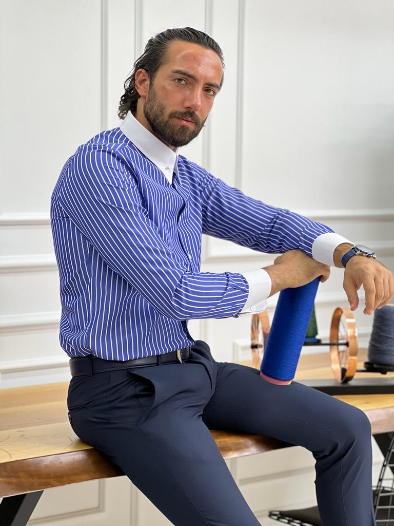 Bojoni Uluwatu Slim Fit Italian Collar Striped Blue Shirt