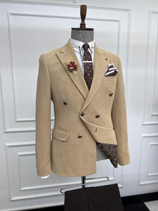 Howard Slim Fit Special Design Double Breasted Beige Jacket