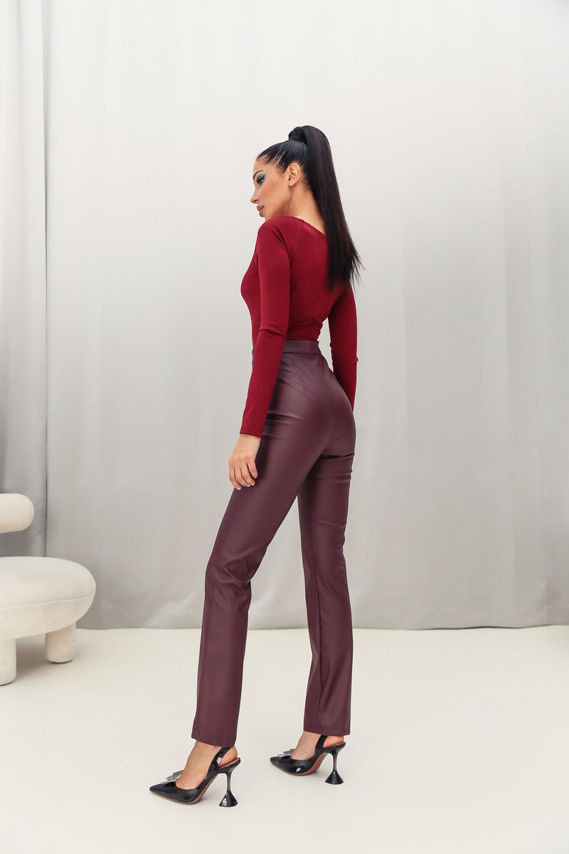 burgundy cigarette pants High Waisted Eco Leather Cigarette Bordo Trousers burgundy cigarette pants High Waisted Eco Leather Cigarette Bordo Trousers