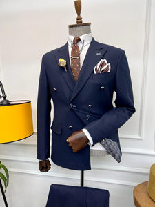 Rick Slim Fit Special Design Double Breasted Blue Detailed Suit