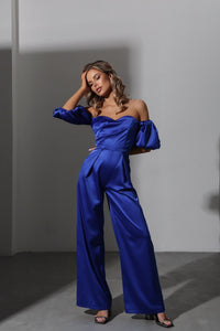 Viclans Off-The-Shoulder Satin Blue Jumpsuit with Puffy Sleeves 