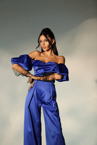 Viclans Off-The-Shoulder Satin Blue Jumpsuit with Puffy Sleeves 