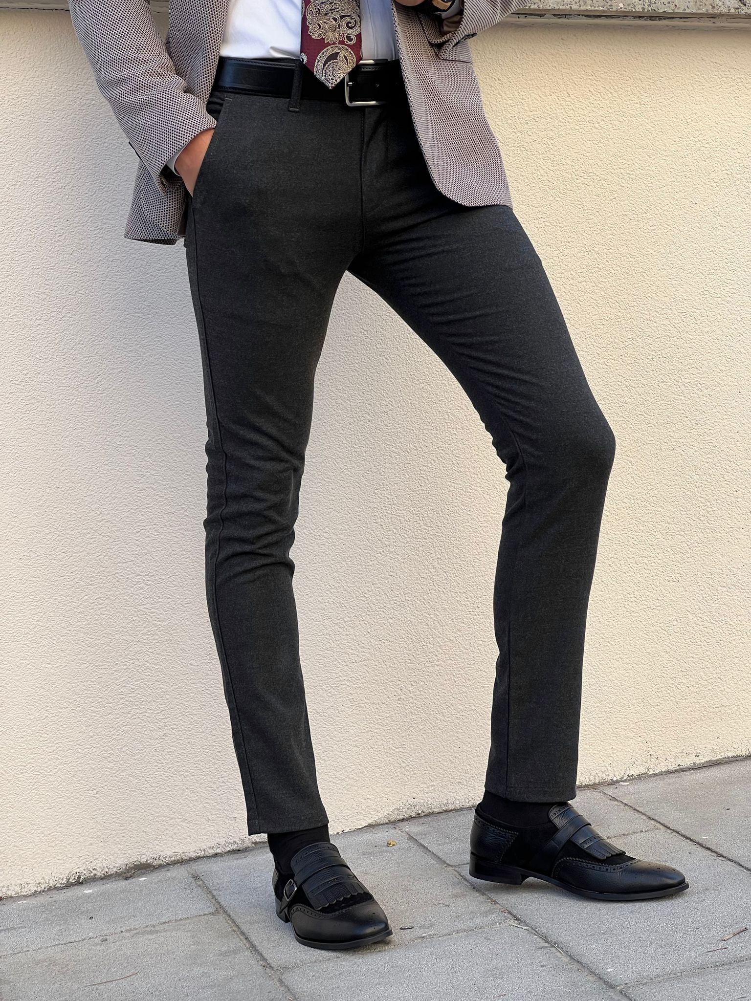 Bojoni Astoria Slim Fit High Quality Gray Patterned Anthracite Pants