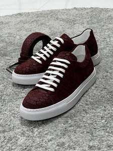 Louis Special Edition Rubber Sole Suede Print Leather Burgundy Sneakers