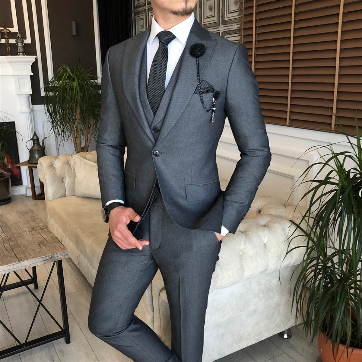 Bojoni Grey Slim-Fit Suit 3-Piece 