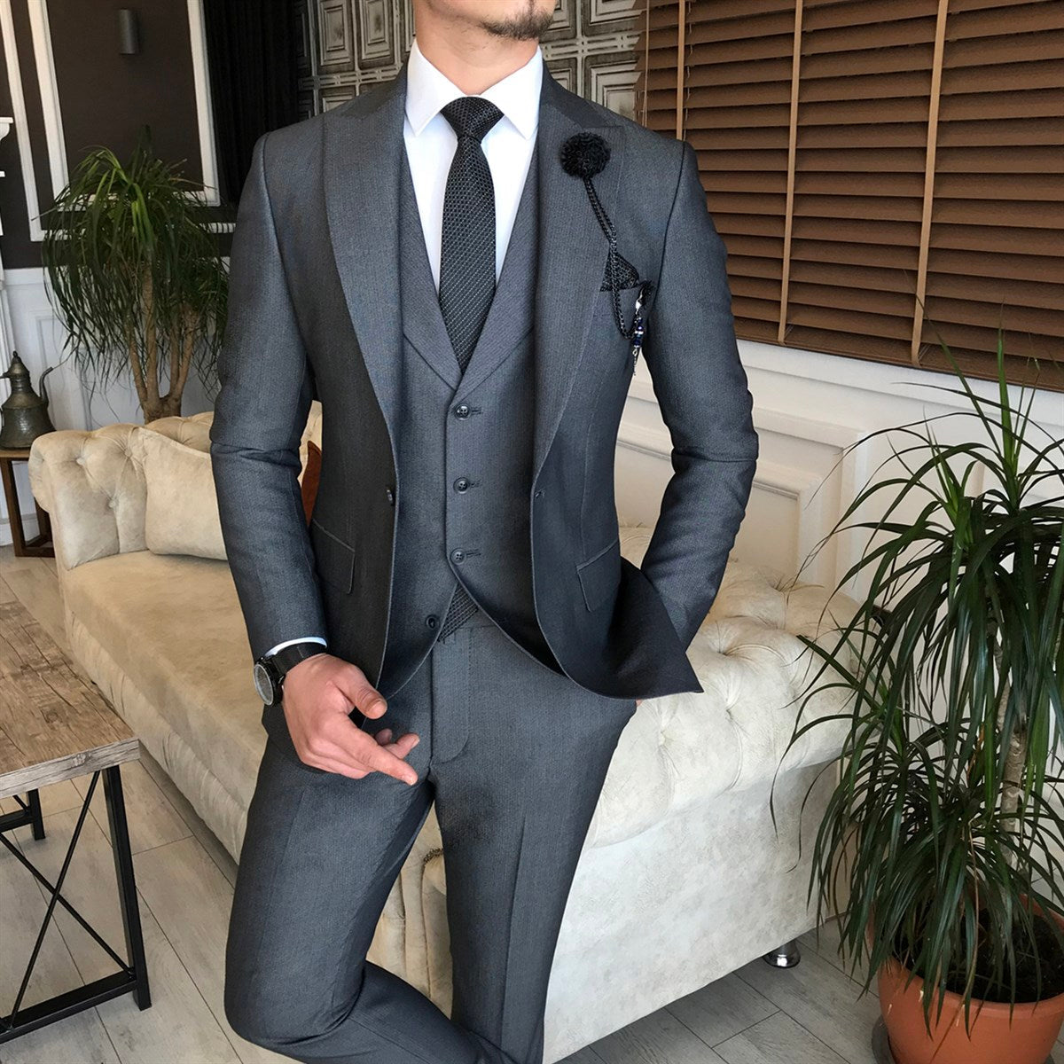 Bojoni Grey Slim-Fit Suit 3-Piece 