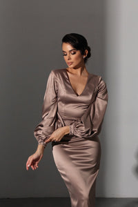 Viclans Satin Midi Brown Dress with Puffy Sleeves 