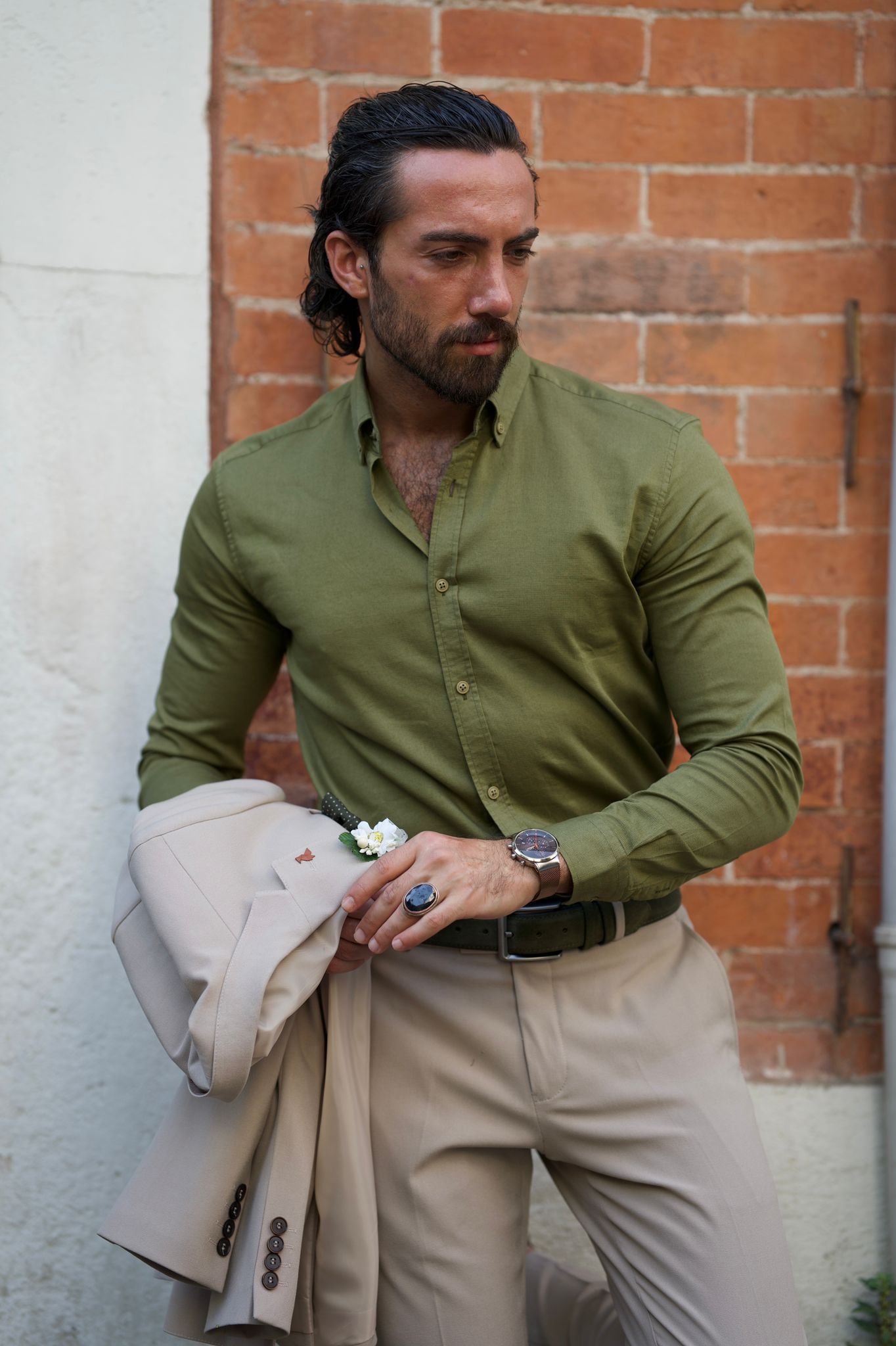 Bojoni Uluwatu Slim Fit Khaki Italian Collar Shirt