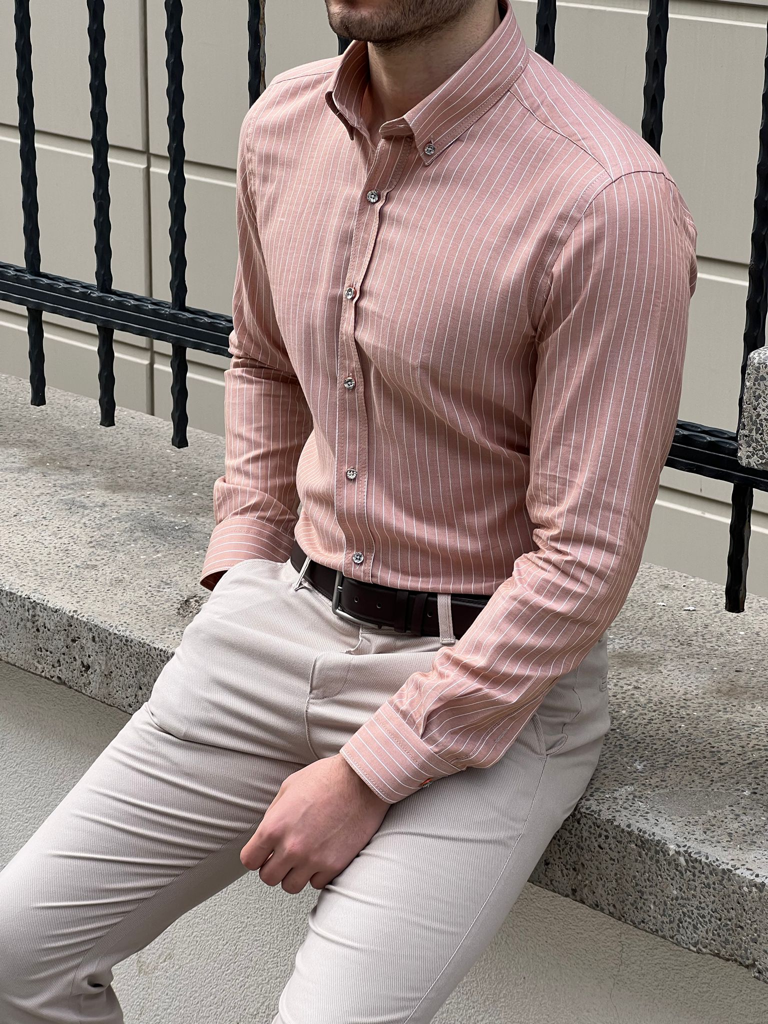 Bojoni Montebello Slim Fit High Quality Striped Salmon Shirt