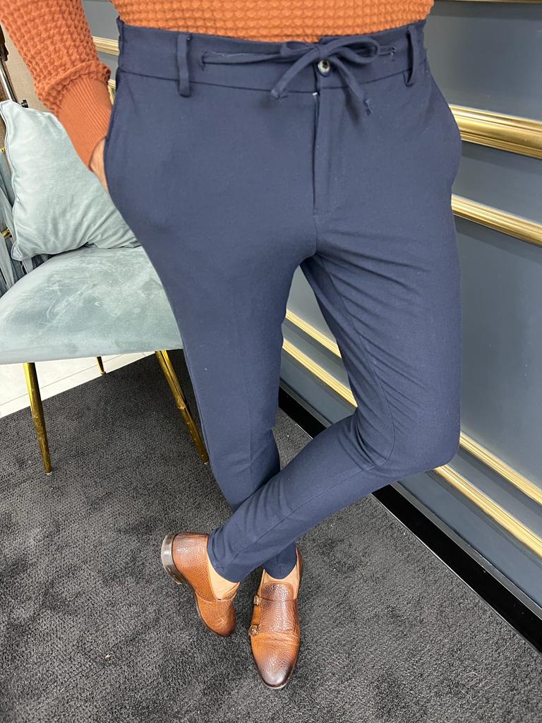 Thread Slim Fit Rope Detailed Dark Blue Trouser