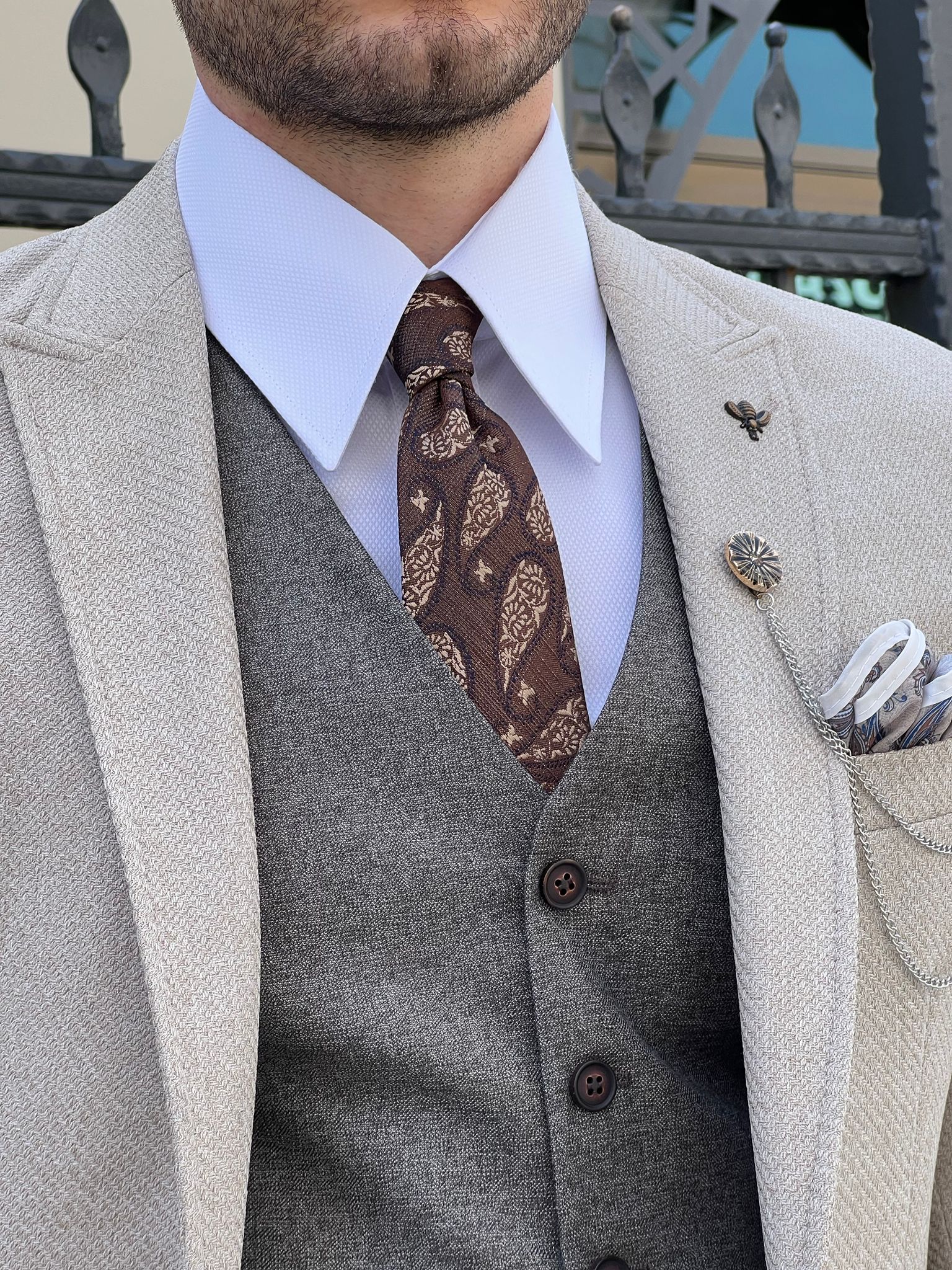 Bojoni Montebello Slim Fit High Quality Self Patterned Beige Suit