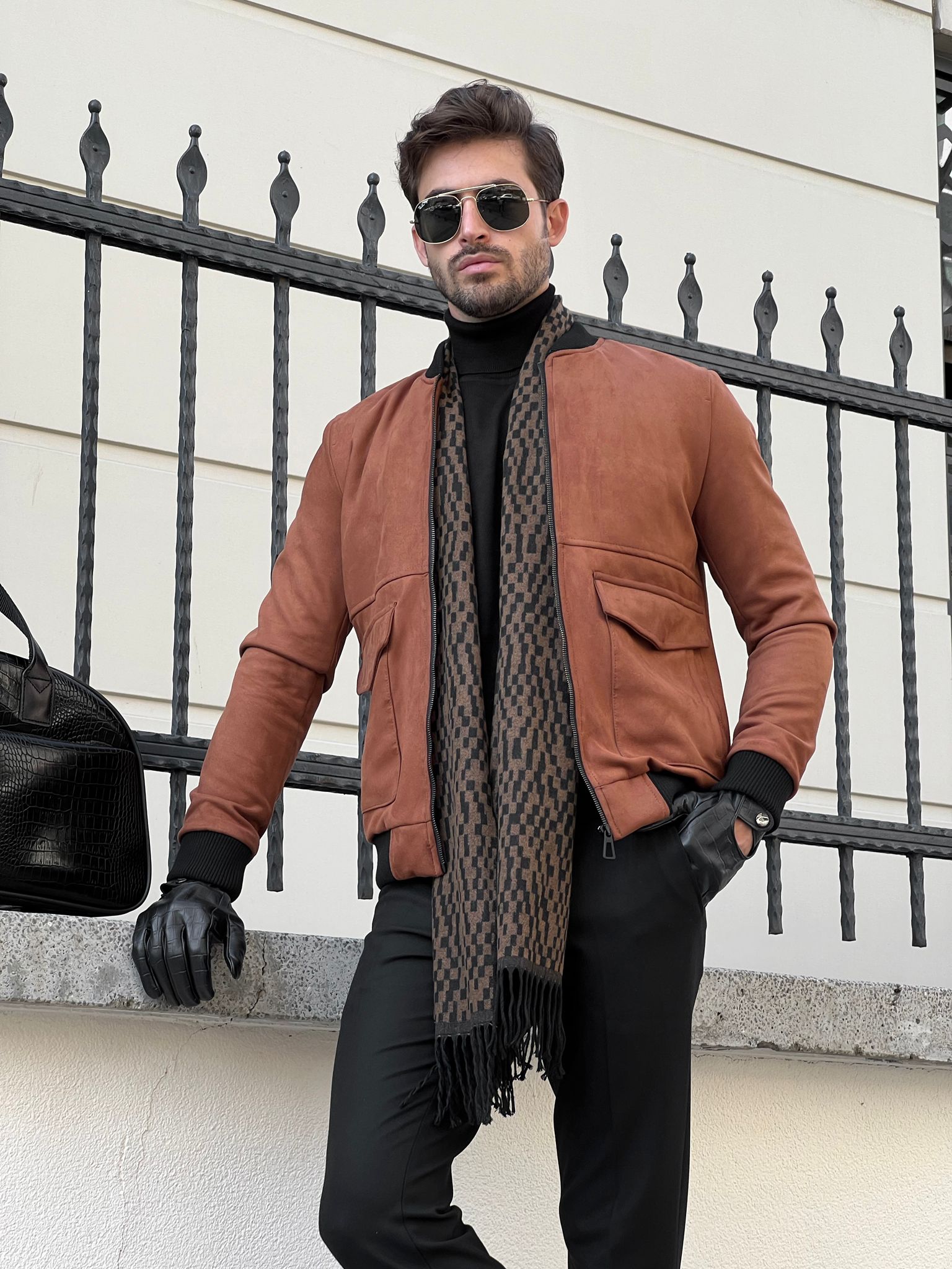 Bojoni Astoria Slim Fit Suede Camel Leather Coat