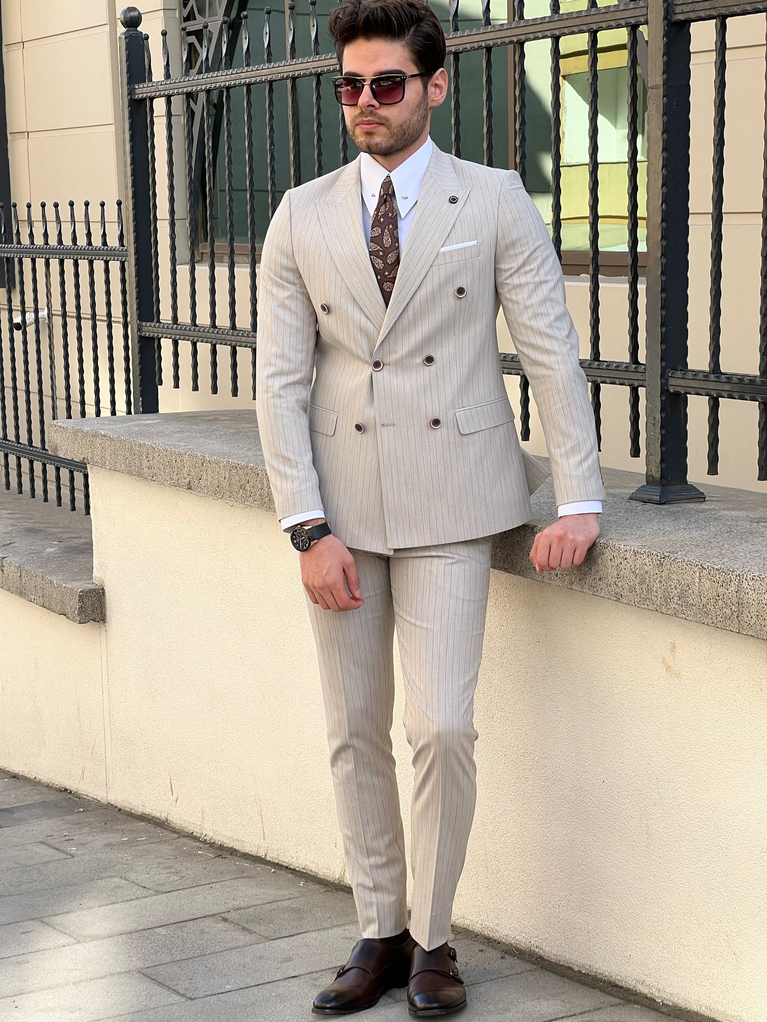 Bojoni Montebello Slim Fit High Quality Striped Double Breasted Beige Suit