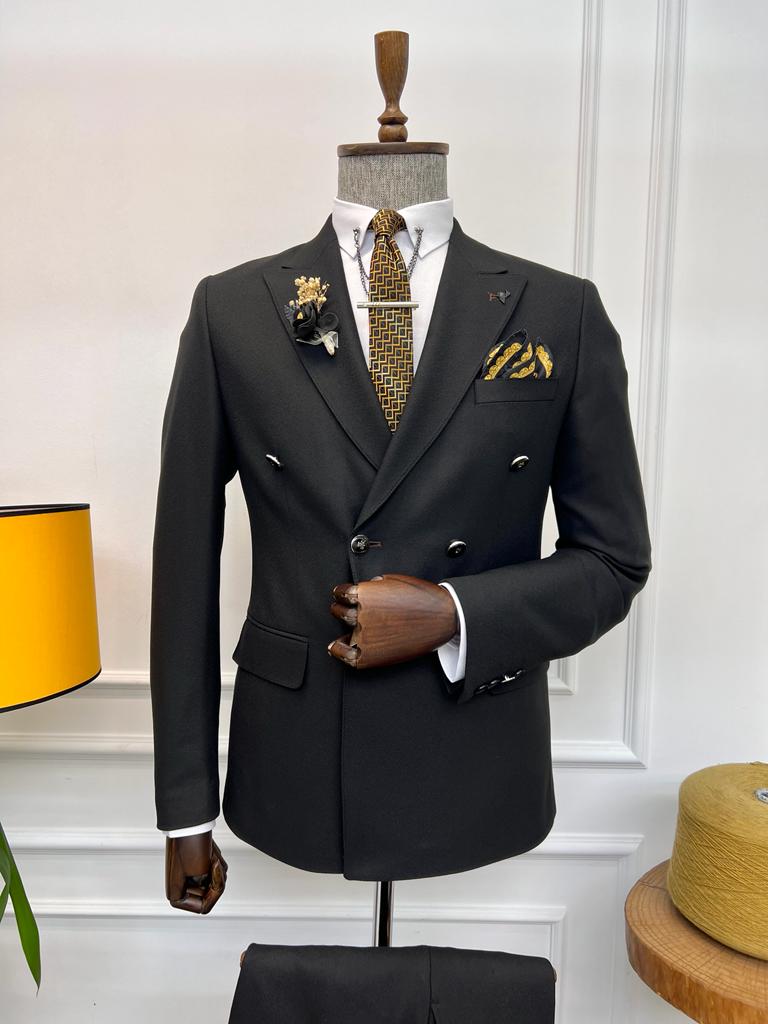 Rick Slim Fit Special Design Double Breasted Black Detailed Suit