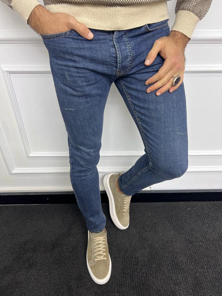 Leon Slim Fit Ripped Detailed Blue Jeans