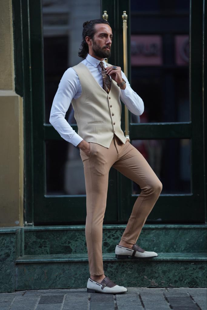 beige dress vest Beige Linen Vest and Pant Set for Men Slim Fit Waistcoat Trousers Summer Wear