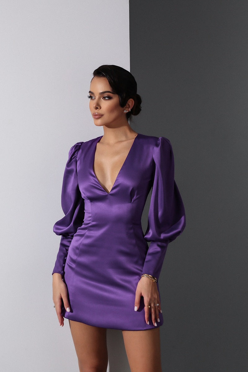 Viclans Balloon Sleeve Satin Mini Purple Dress 