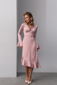 Viclans Polka Dot Midi Pink Dress with Asymmetric Ruffle 