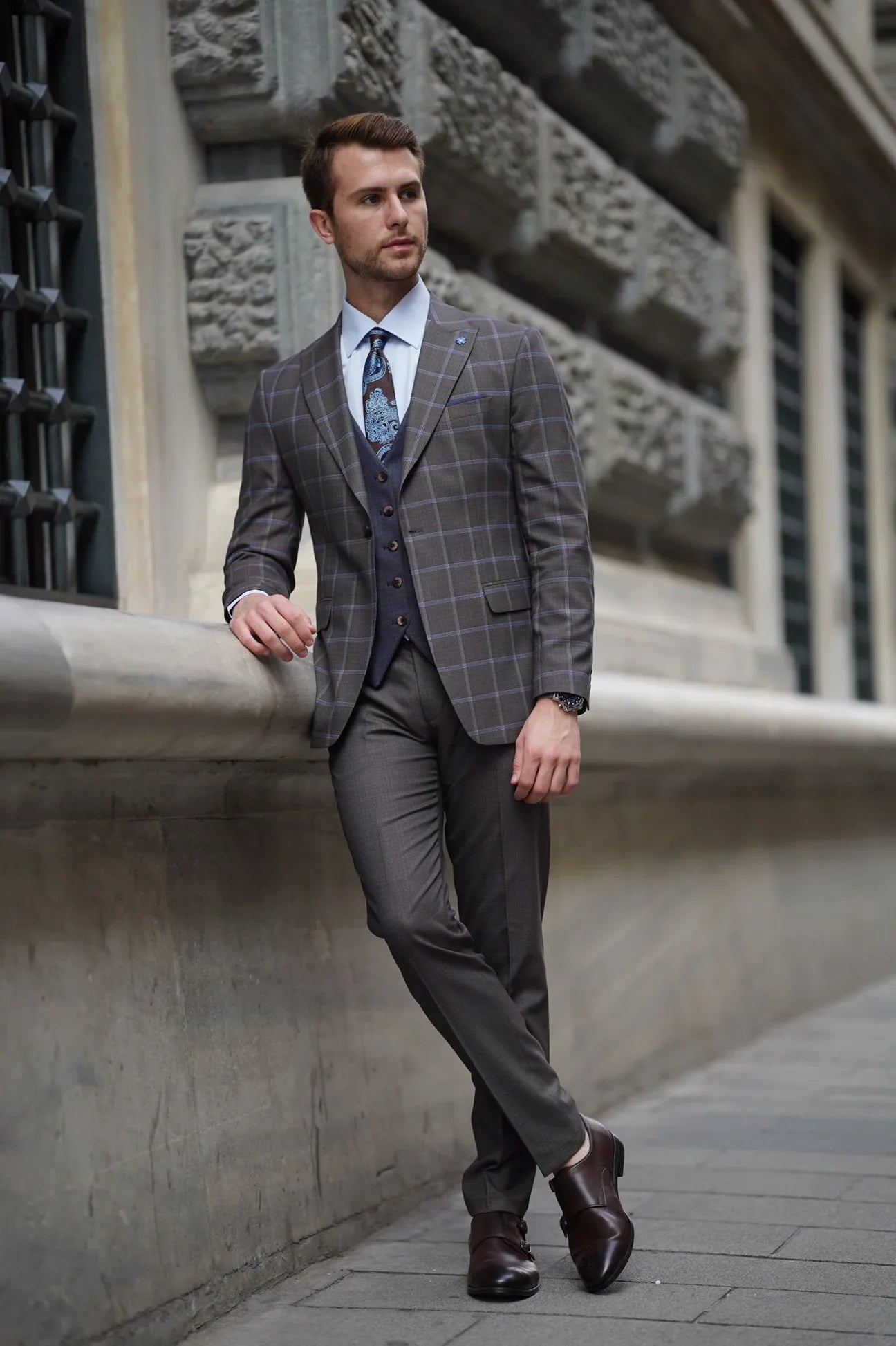Bojoni Ravenna Slim Fit Plaid Brown Wool Combination Suit