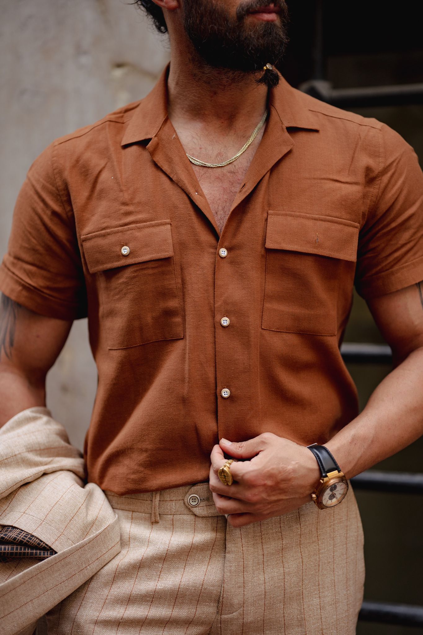 Bojoni Serra Brown Slim Fit Double Pocket Short Sleeve Shirt