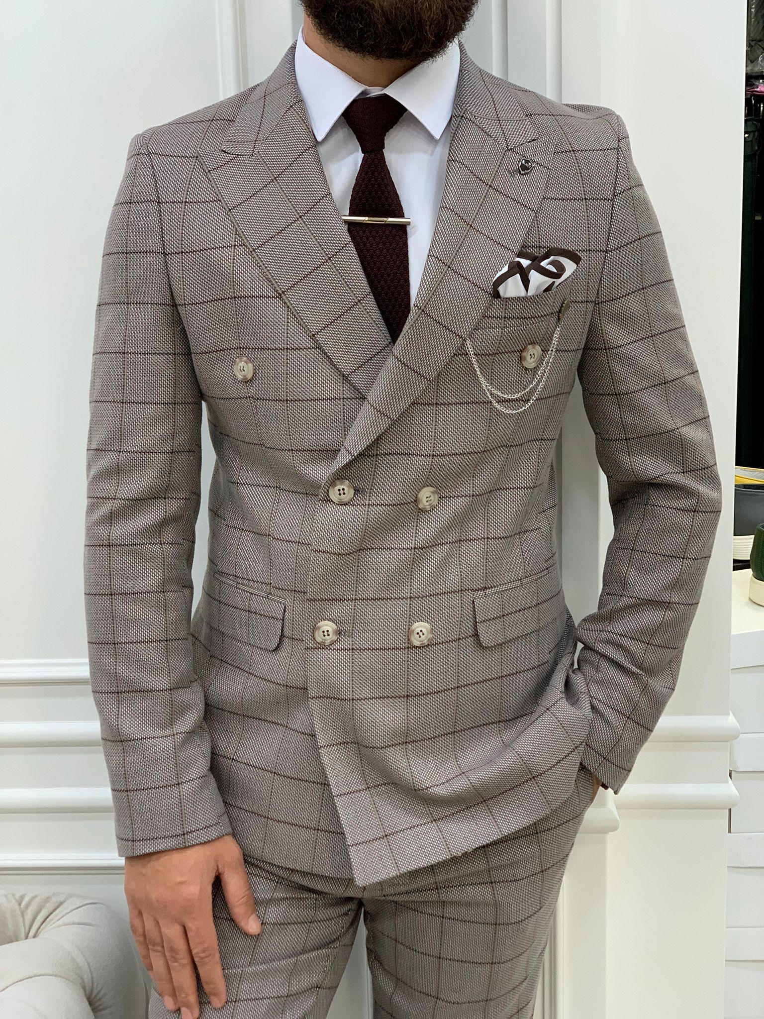 Rosario Light Brown Slim Fit Double Breasted Plaid Suit-baagr.myshopify.com-1-BOJONI