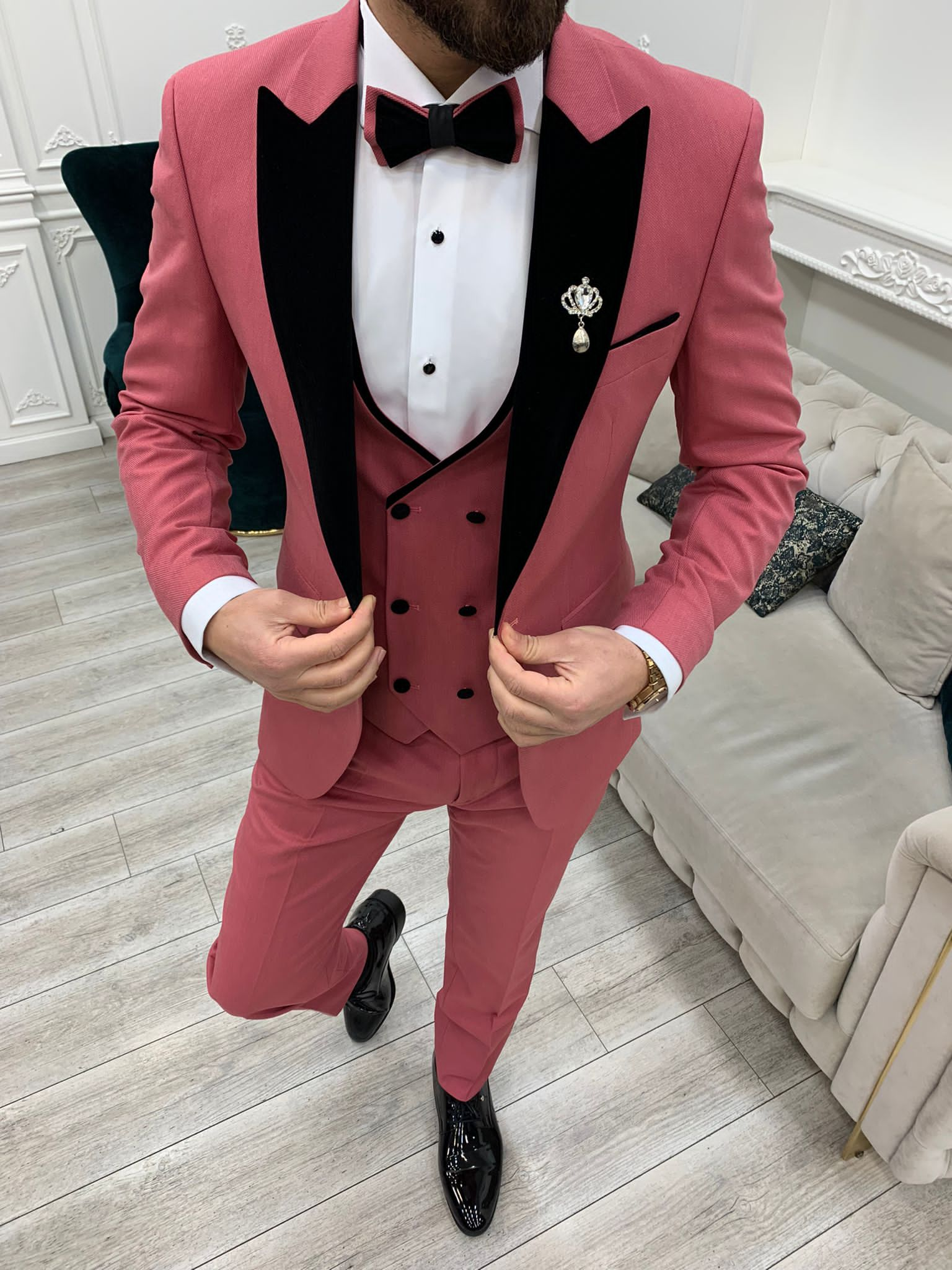 Bojoni Tishko Pink Velvet  Slim Fit Tuxedo