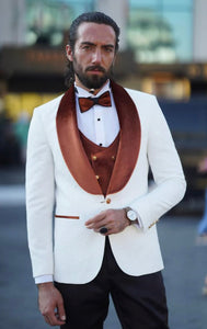 Rick Slim Fit Custom Design White & Brown Tuxedo