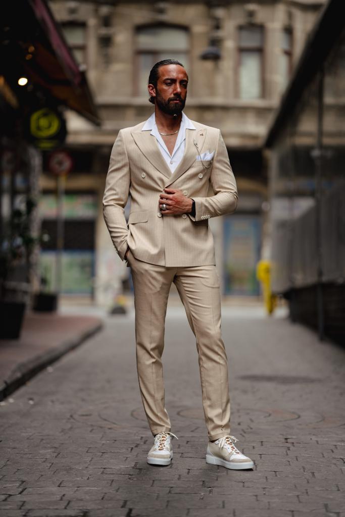 Bojoni Serra Beige Slim Fit Double Breasted Pinstripe Suit