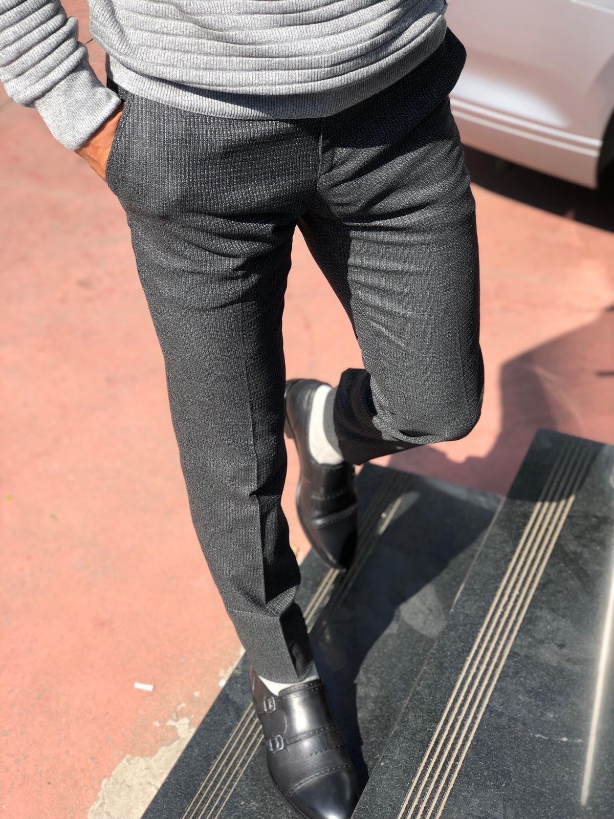 Slim-Fit Patterned Fabric Pants Black-baagr.myshopify.com-Pants-BOJONI