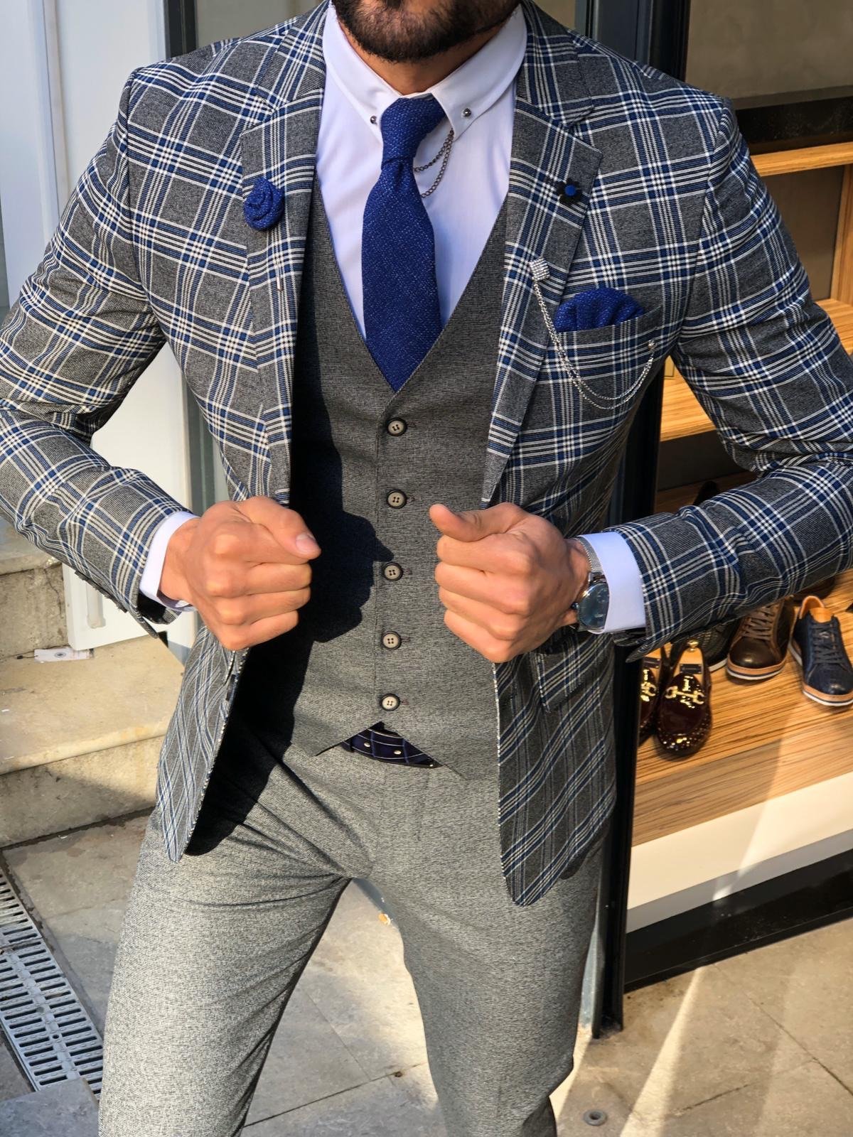 Macr Slim-Fit Plaid Suit Vest Sax-baagr.myshopify.com-suit-BOJONI