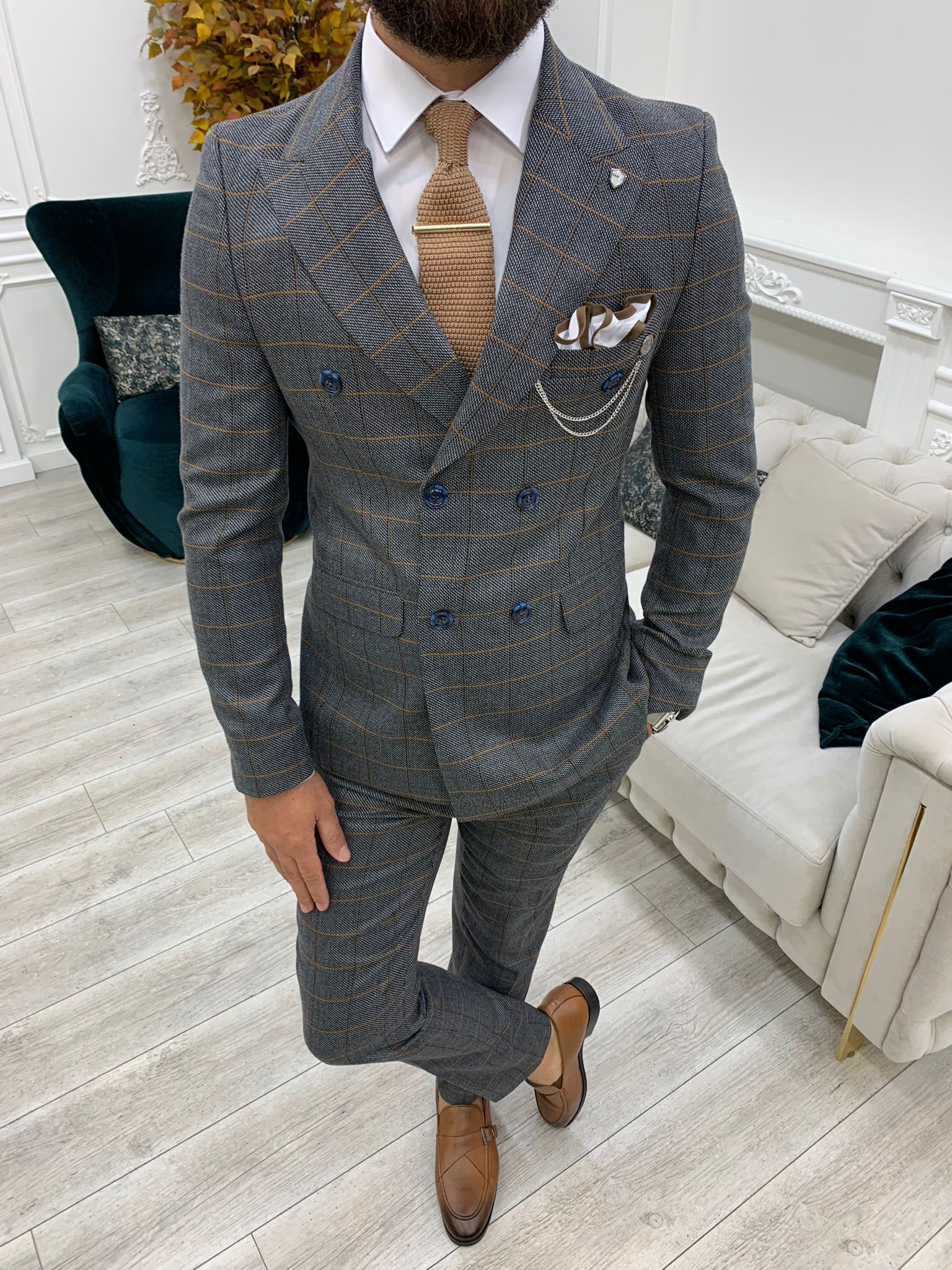 Rosario Dark Gray Slim Fit Double Breasted Plaid Suit-baagr.myshopify.com-1-BOJONI