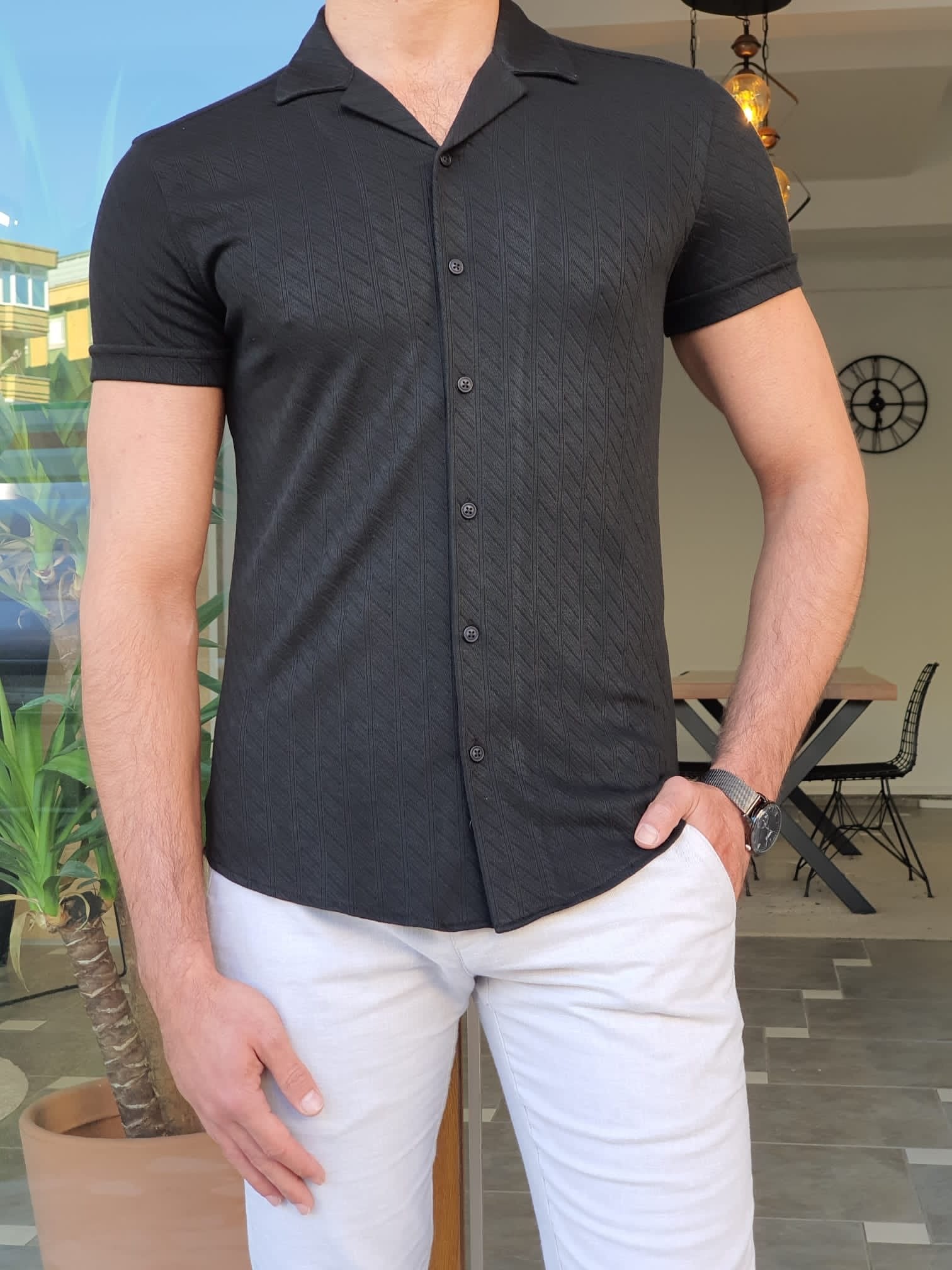 Mantova Black Slim Fit Short Sleeve Shirt-baagr.myshopify.com-Shirt-BOJONI