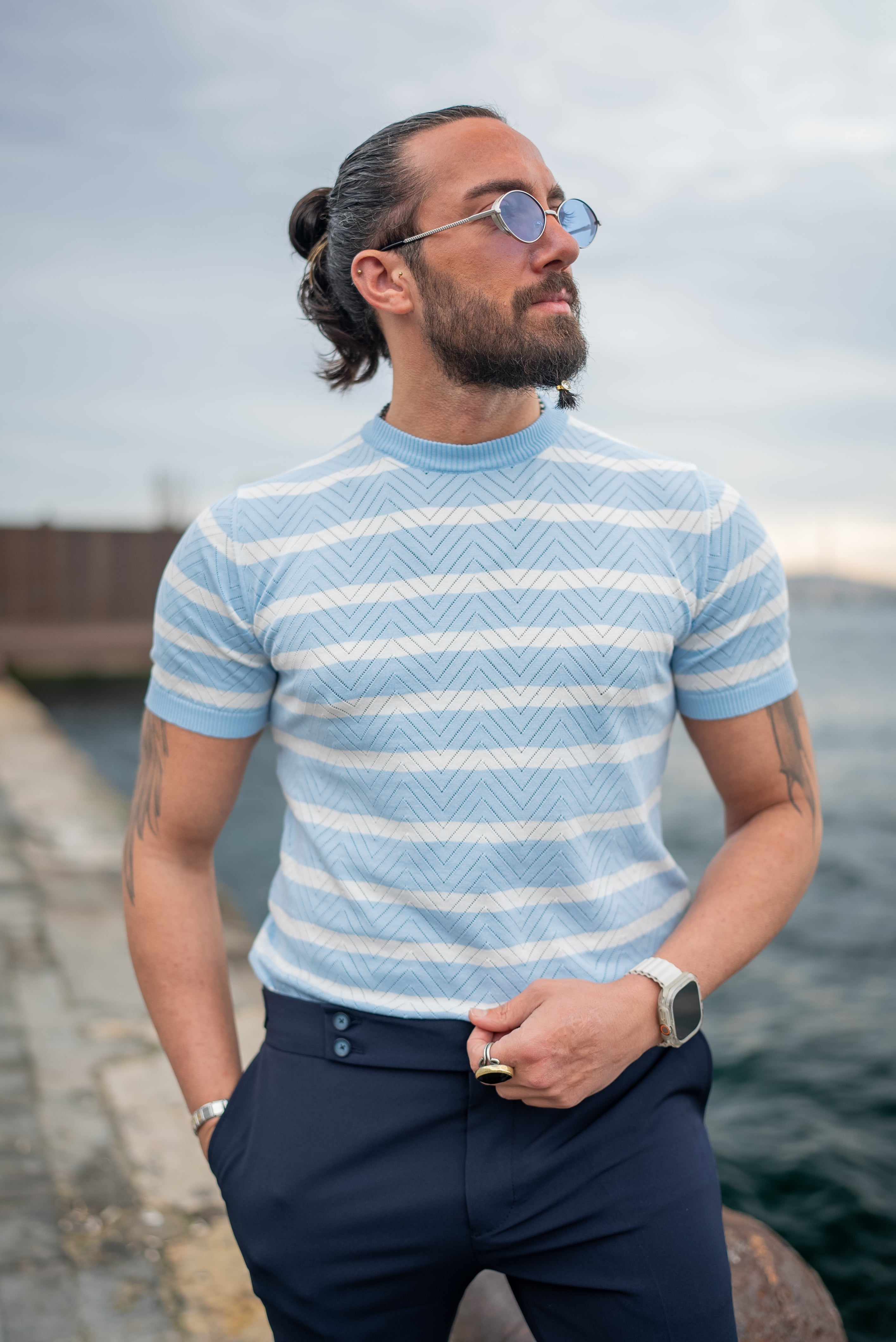 Bojoni Bath Blue Crewneck Striped T-Shirt