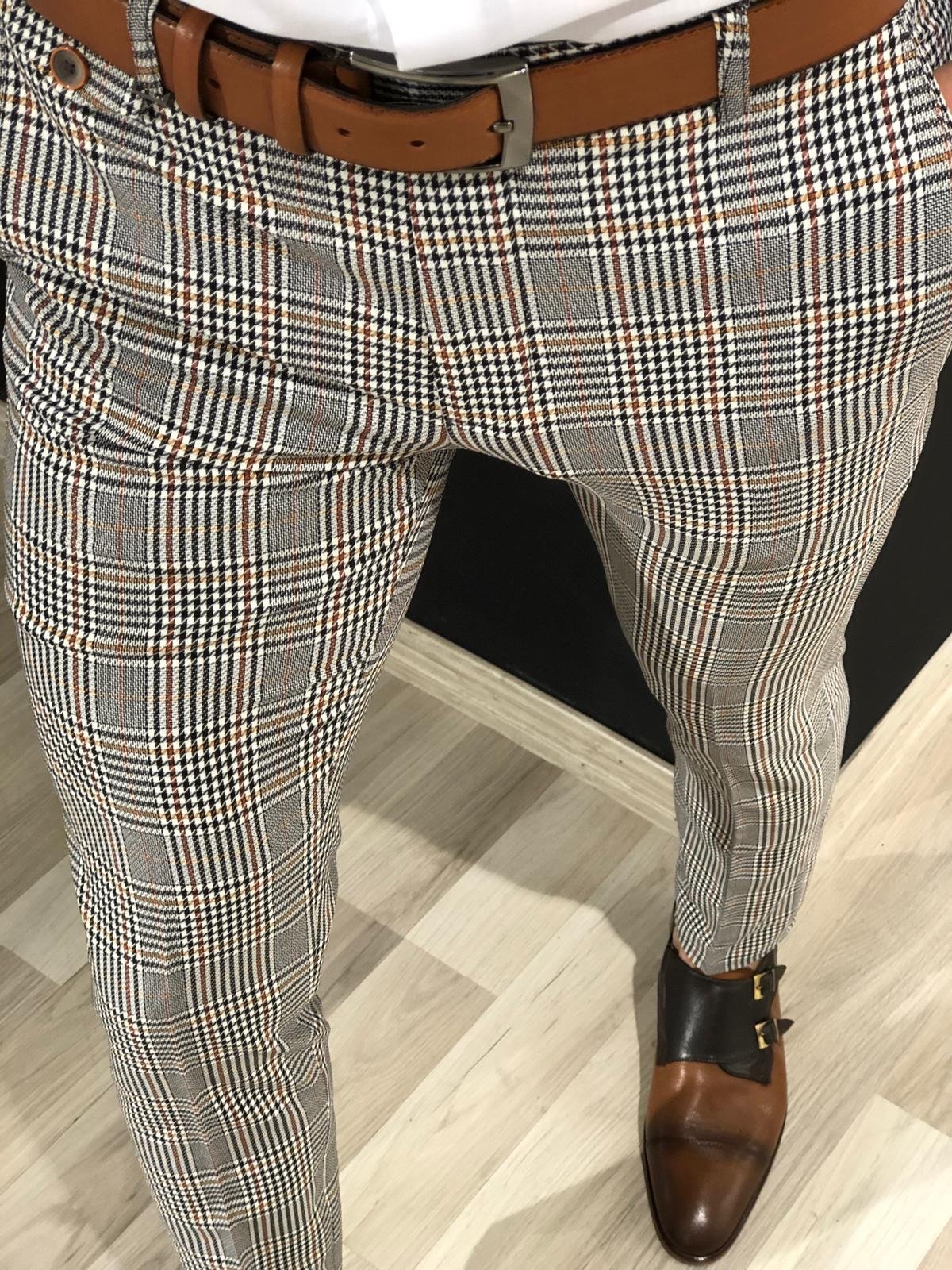 Ferra Slim Fit Plaid Pants in Orange-baagr.myshopify.com-Pants-BOJONI