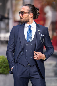 Bojoni Bath Navy Blue Slim Fit Peak Lapel 3 Piece Suit