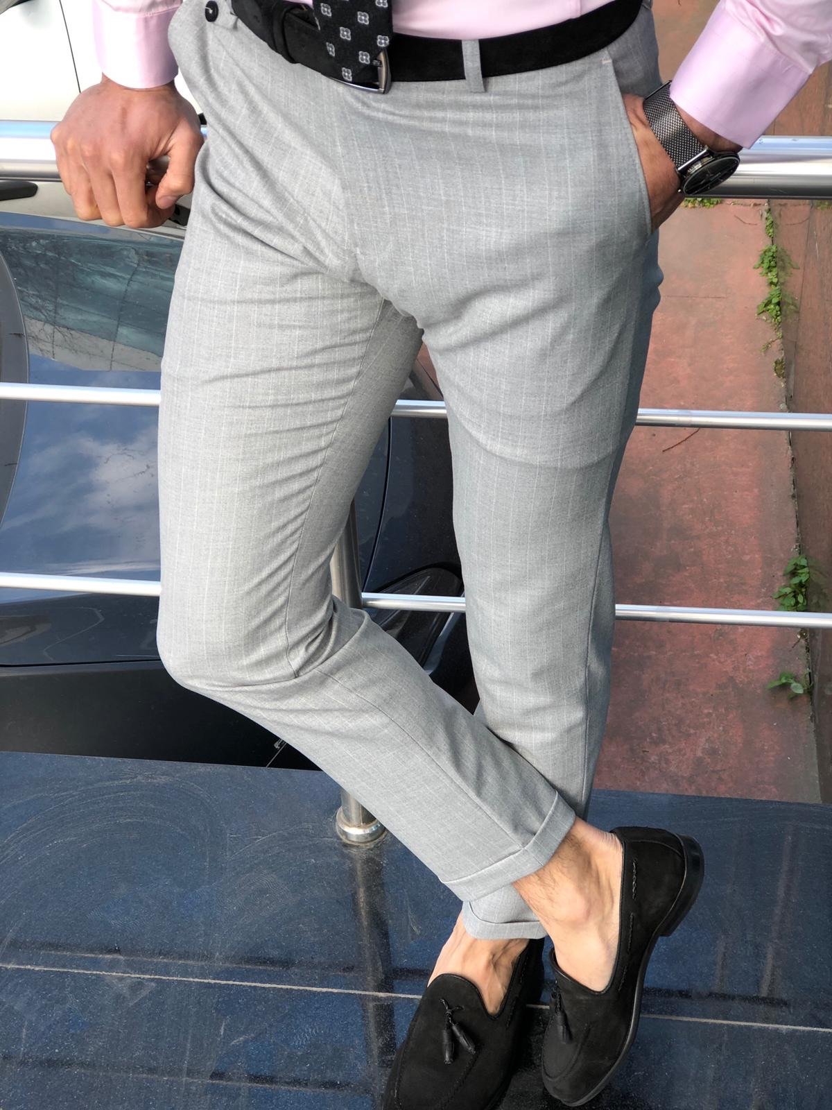 Sebast Slim Fit Stripe Pants in Gray-baagr.myshopify.com-Pants-BOJONI