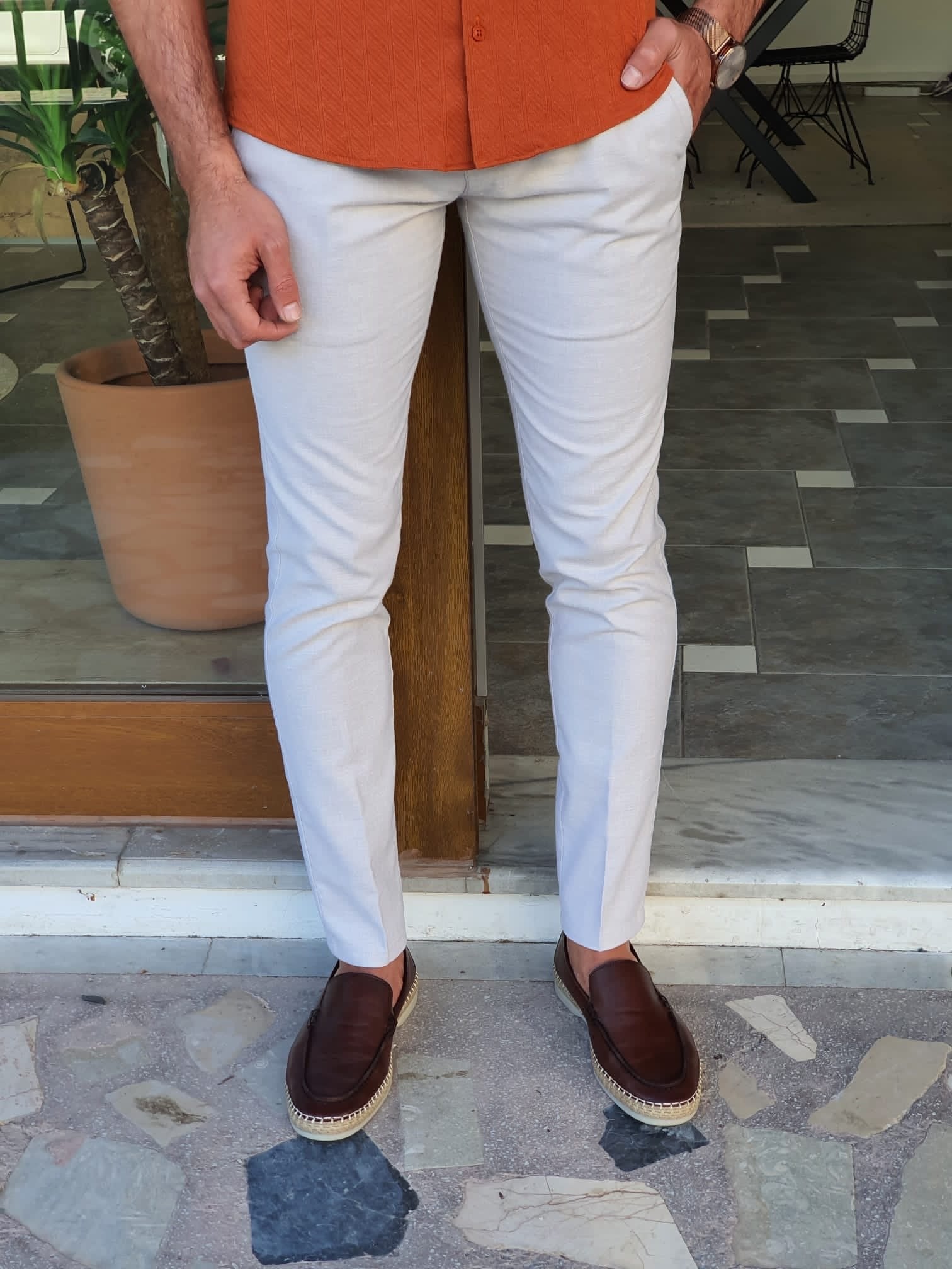 Mantova Beige Slim Fit Cotton Pants-baagr.myshopify.com-Pants-BOJONI