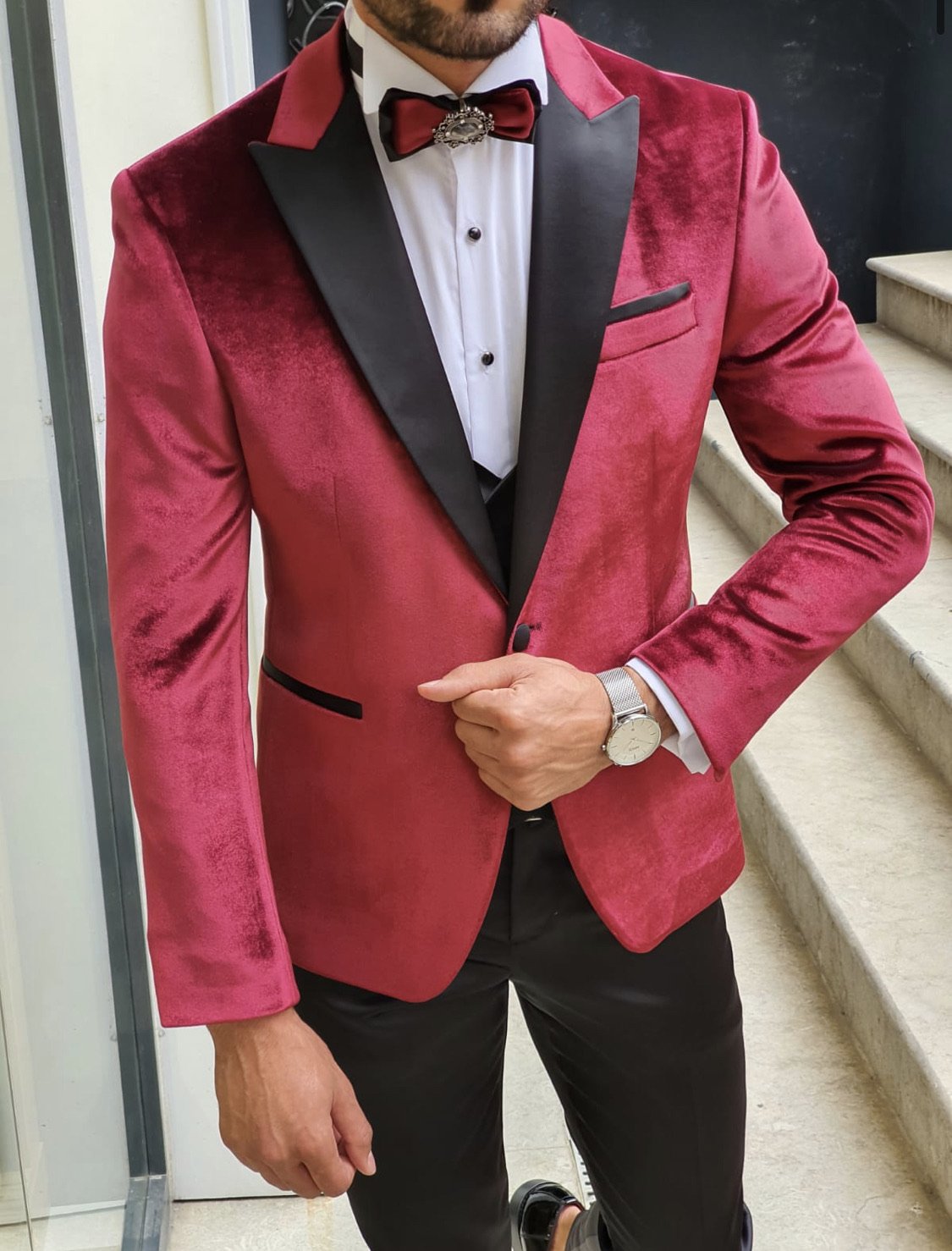 Nocelli Red Slim Fit Peak Lapel Velvet Tuxedo-baagr.myshopify.com-suit-BOJONI