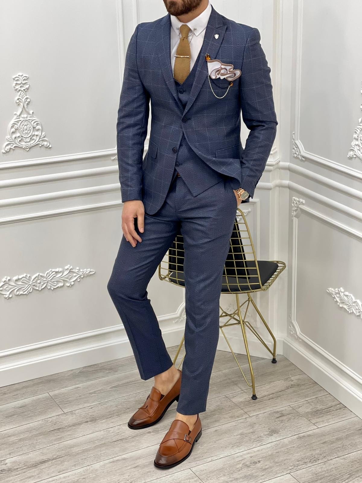 Casatani Navy Blue Slim Fit Plaid Suit-baagr.myshopify.com-1-BOJONI