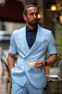 Bojoni Serra  Sky Blue Slim Fit Double Breasted Short Sleeve Suit