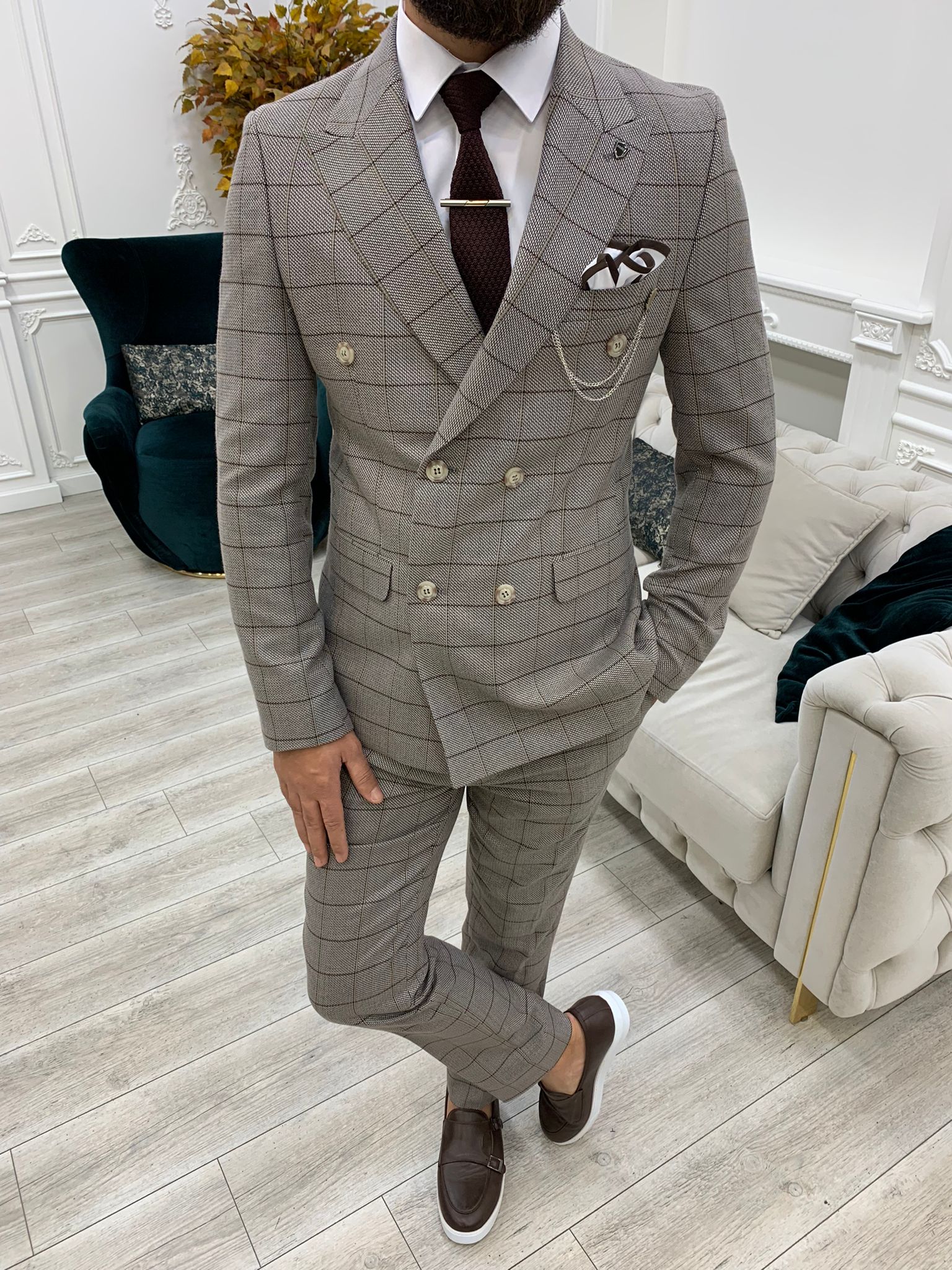 Rosario Light Brown Slim Fit Double Breasted Plaid Suit-baagr.myshopify.com-1-BOJONI