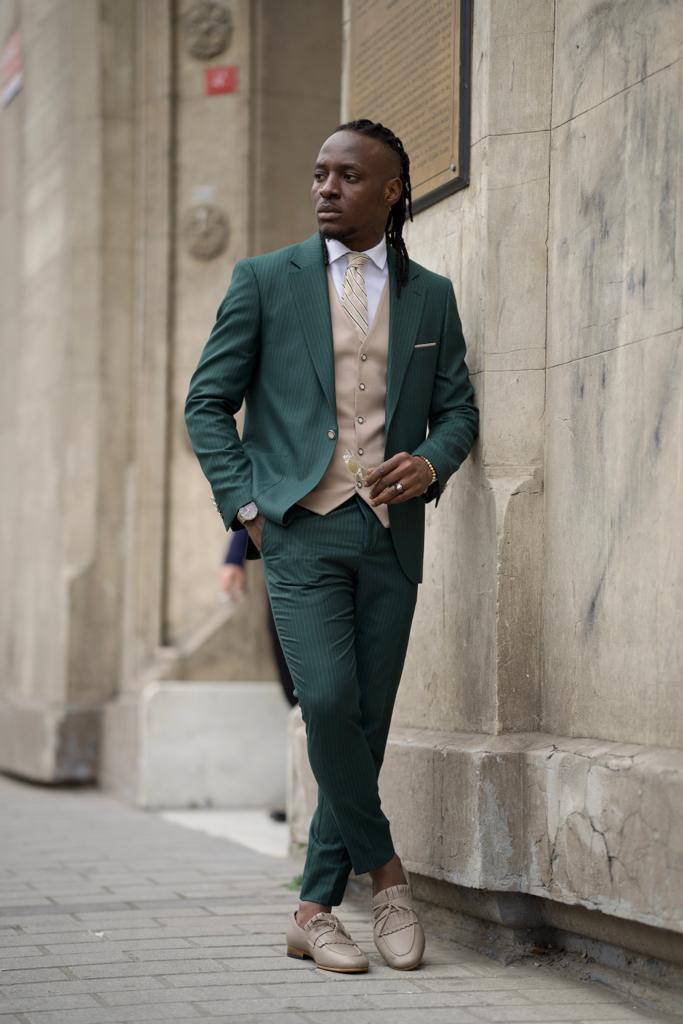 Bojoni Shagori Slim Fit Striped Green  Suit