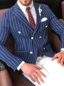 Stenos Slim-Fit Double Breasted Blazer in Blue-baagr.myshopify.com-suit-BOJONI