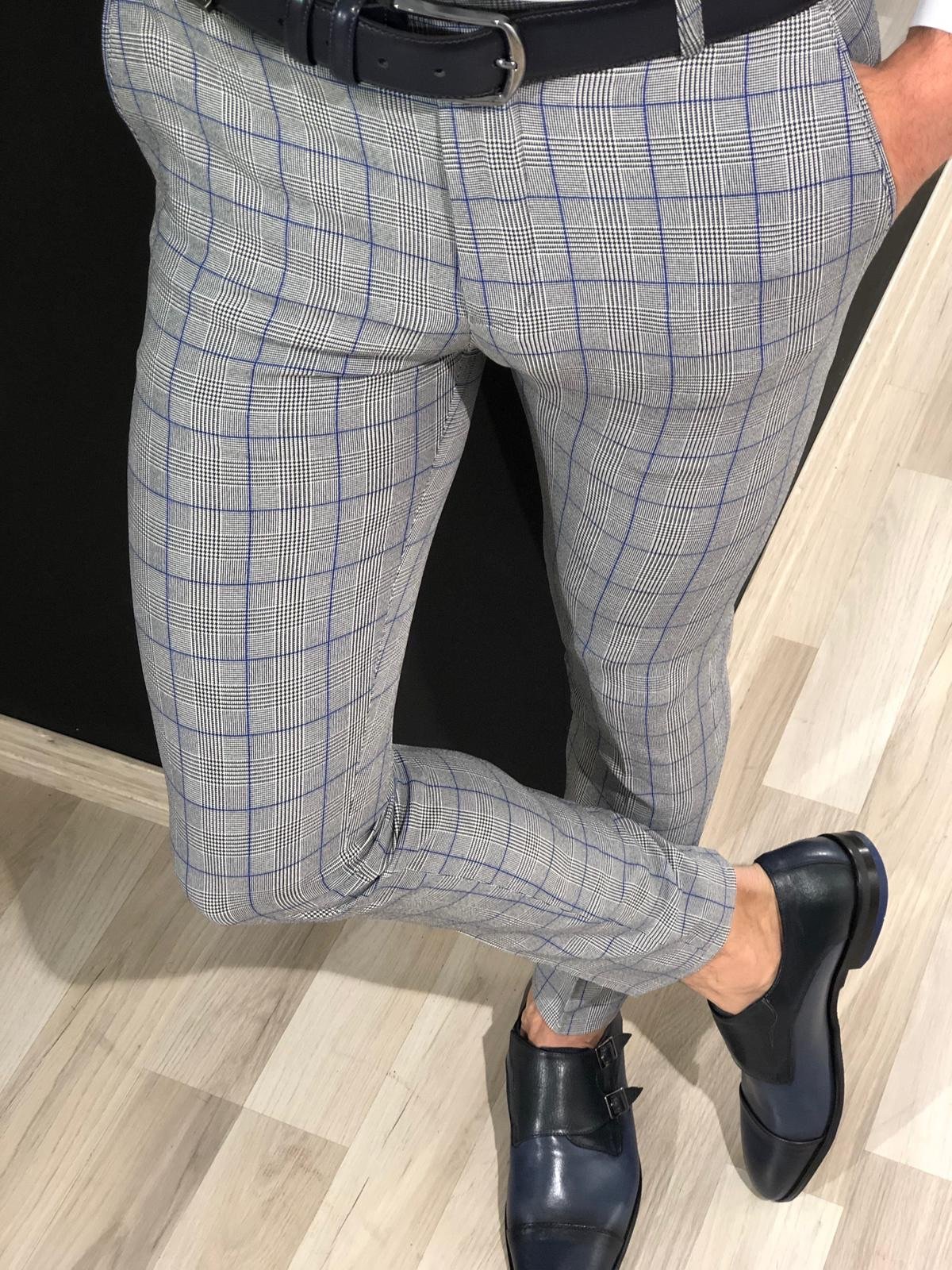 Ferra Slim Fit Plaid Pants in Blue-baagr.myshopify.com-Pants-BOJONI